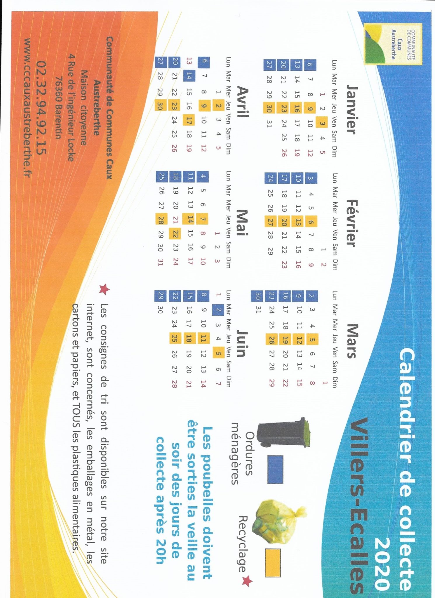Calendrier de collecte des ordures ménagères et recyclables 2020